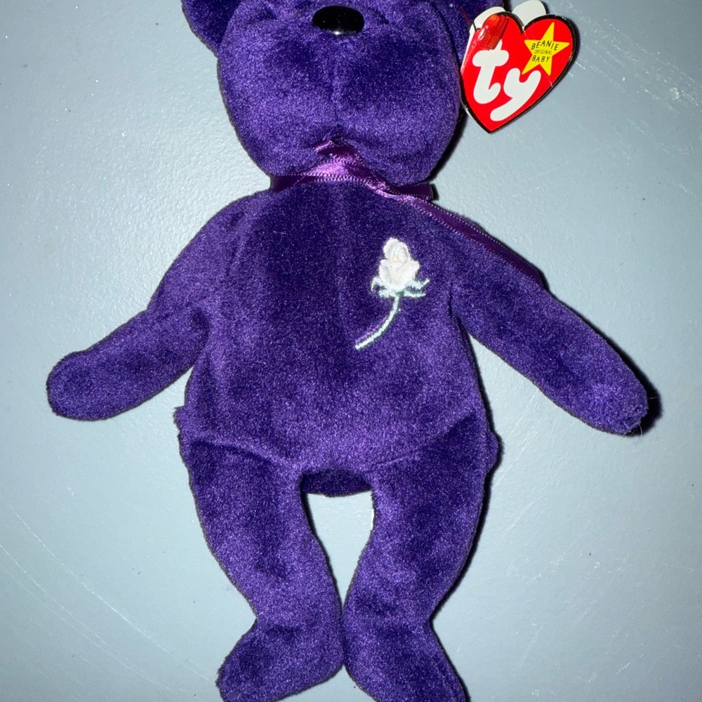Ty Plush Bear in Deep Purple with White Rose